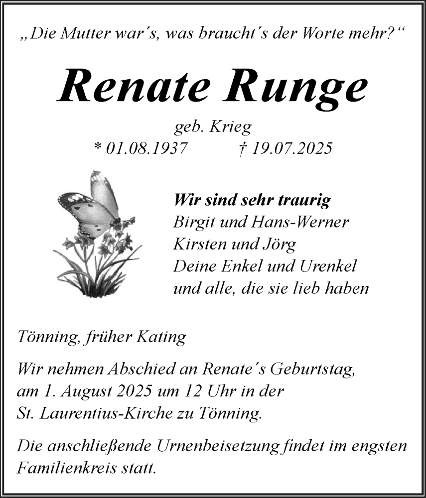  Traueranzeige für Renate Runge vom 26.07.2025 aus Husumer Nachrichten, Nordfriesland Tageblatt