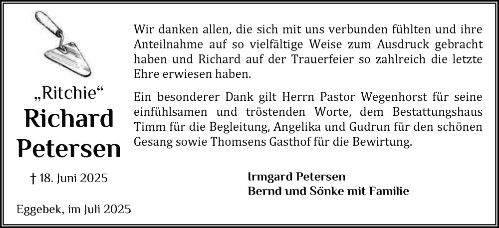  Traueranzeige für Richard Petersen vom 19.07.2025 aus Flensburger Tageblatt