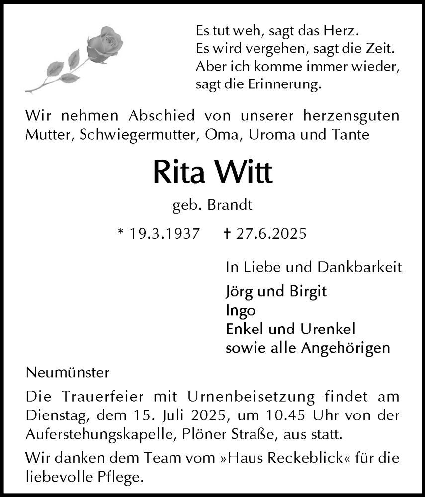  Traueranzeige für Rita Witt vom 12.07.2025 aus Holsteinischer Courier