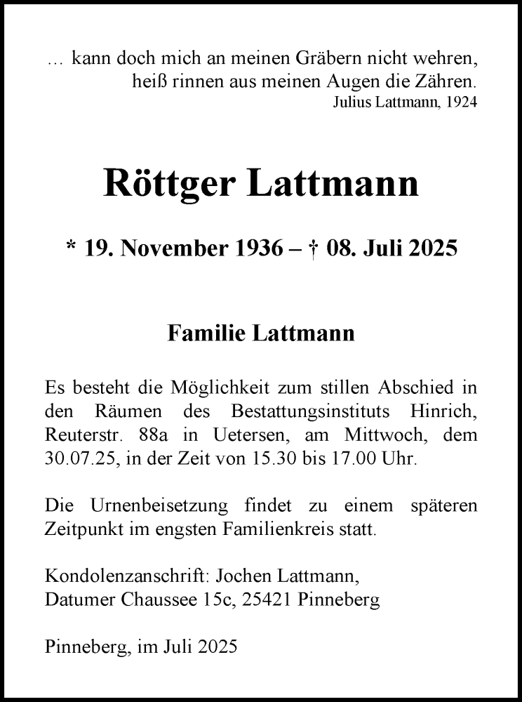  Traueranzeige für Röttger Lattmann vom 26.07.2025 aus Uetersener Nachrichten, Der tip am Wochenende