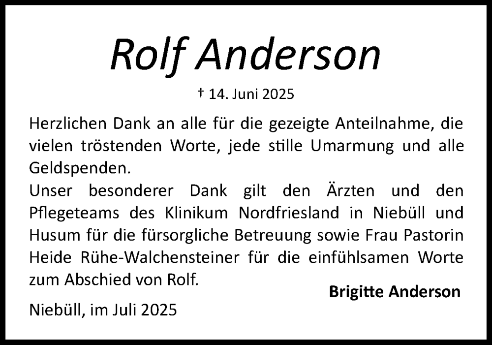  Traueranzeige für Rolf Anderson vom 31.07.2025 aus Husumer Nachrichten, Nordfriesland Tageblatt