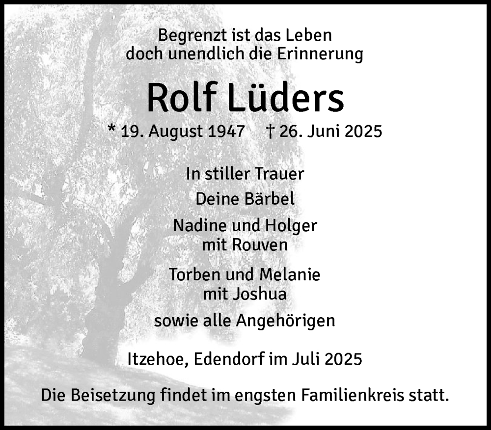  Traueranzeige für Rolf Lüders vom 05.07.2025 aus Norddeutsche Rundschau, Wilstersche Zeitung, Glückstädter Fortuna