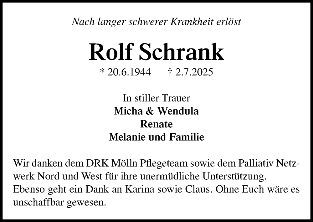 Traueranzeige für Rolf Schrank vom 19.07.2025 aus MARKT Ratzeburg/Mölln