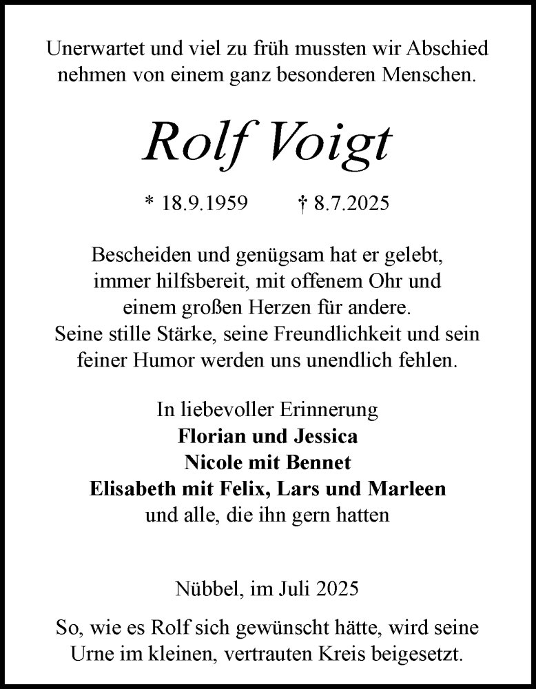 Traueranzeige für Rolf Voigt vom 19.07.2025 aus Schleswig-Holsteinische Landeszeitung