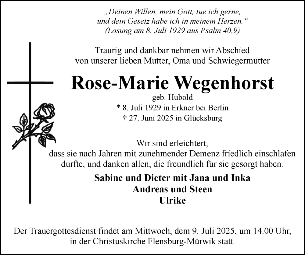 Traueranzeige für Rose-Marie Wegenhorst vom 05.07.2025 aus Flensburger Tageblatt