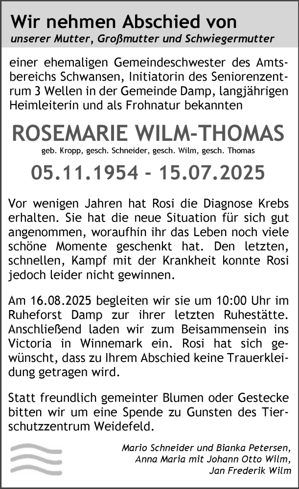  Traueranzeige für Rosemarie Wilm-Thomas vom 30.07.2025 aus Schleswiger Nachrichten, Schlei-Bote, Eckernförder Zeitung