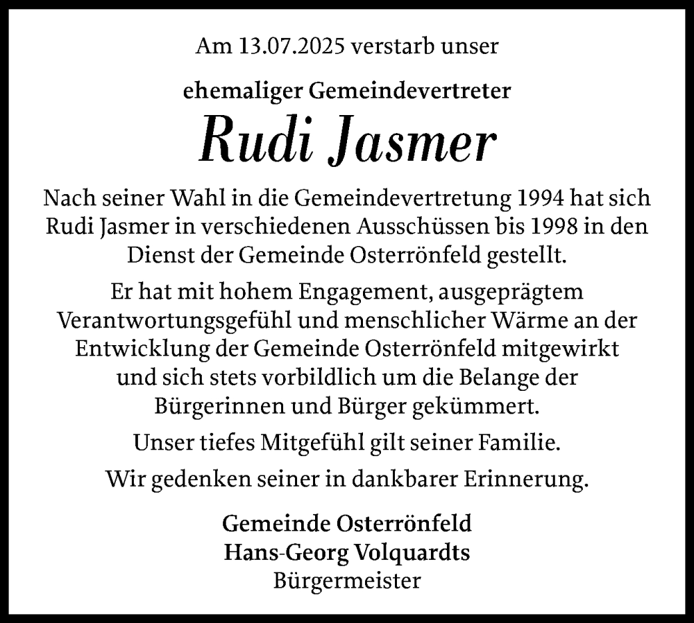  Traueranzeige für Rudi Jasmer vom 26.07.2025 aus Schleswig-Holsteinische Landeszeitung