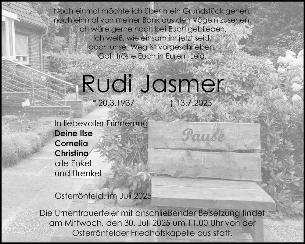  Traueranzeige für Rudi Jasmer vom 26.07.2025 aus Schleswig-Holsteinische Landeszeitung