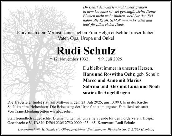 Traueranzeige von Rudi Schulz von Wochenend Anzeiger
