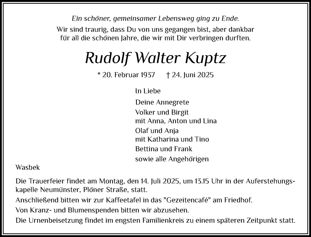  Traueranzeige für Rudolf Walter Kuptz vom 05.07.2025 aus Holsteinischer Courier