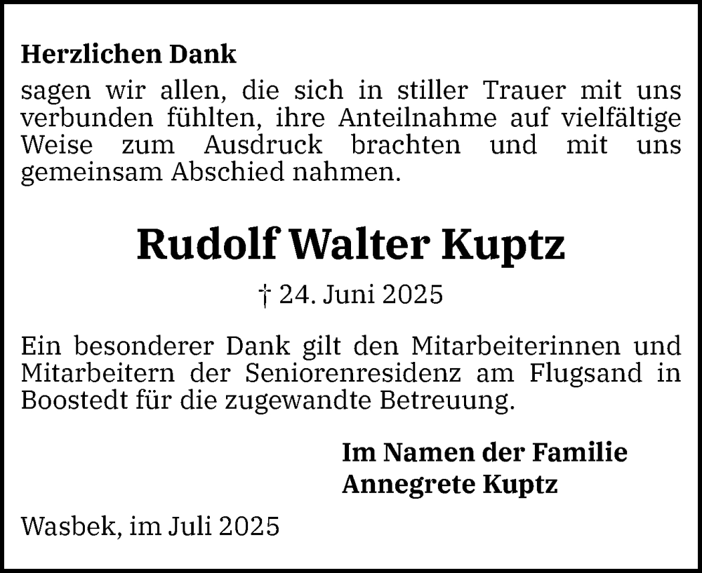  Traueranzeige für Rudolf Walter Kuptz vom 19.07.2025 aus Holsteinischer Courier