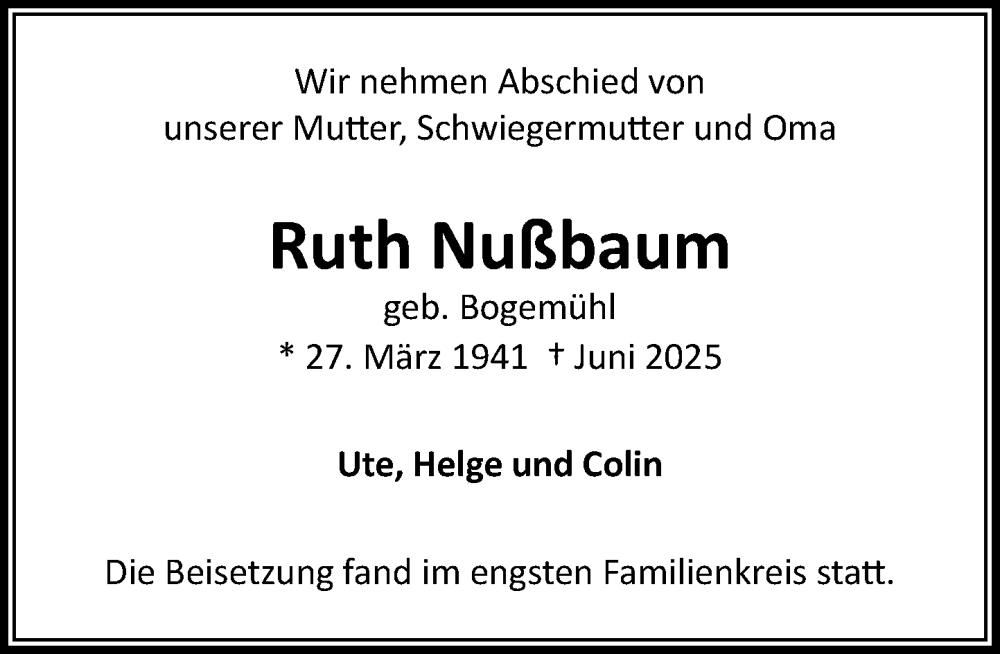  Traueranzeige für Ruth Nußbaum vom 12.07.2025 aus Heimatspiegel