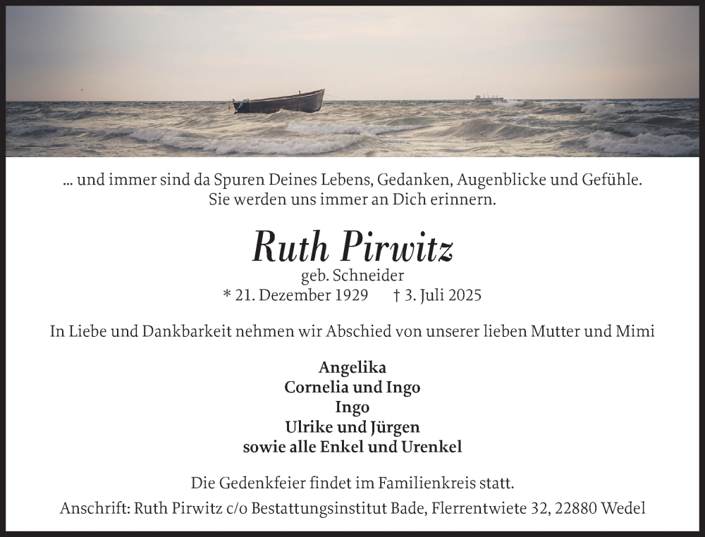  Traueranzeige für Ruth Pirwitz vom 12.07.2025 aus Wedel-Schulauer Tageblatt, tip Wedel-Schulauer Tageblatt, tip Rissener Rundschau