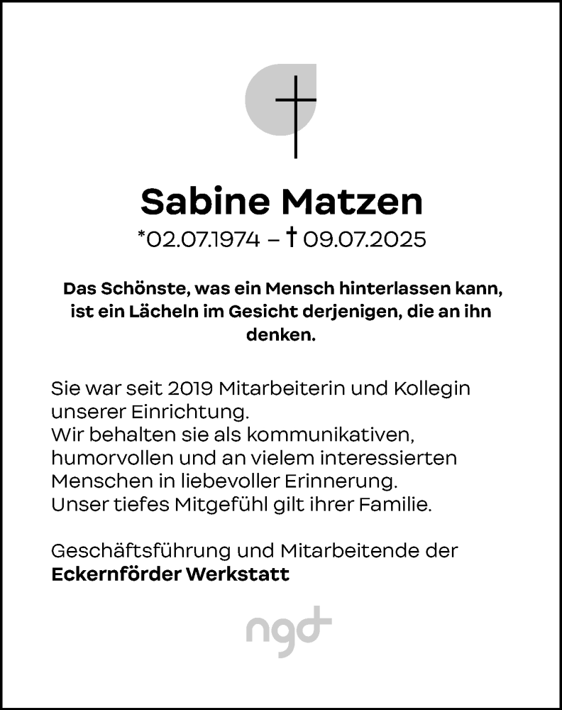  Traueranzeige für Sabine Matzen vom 25.07.2025 aus Eckernförder Zeitung