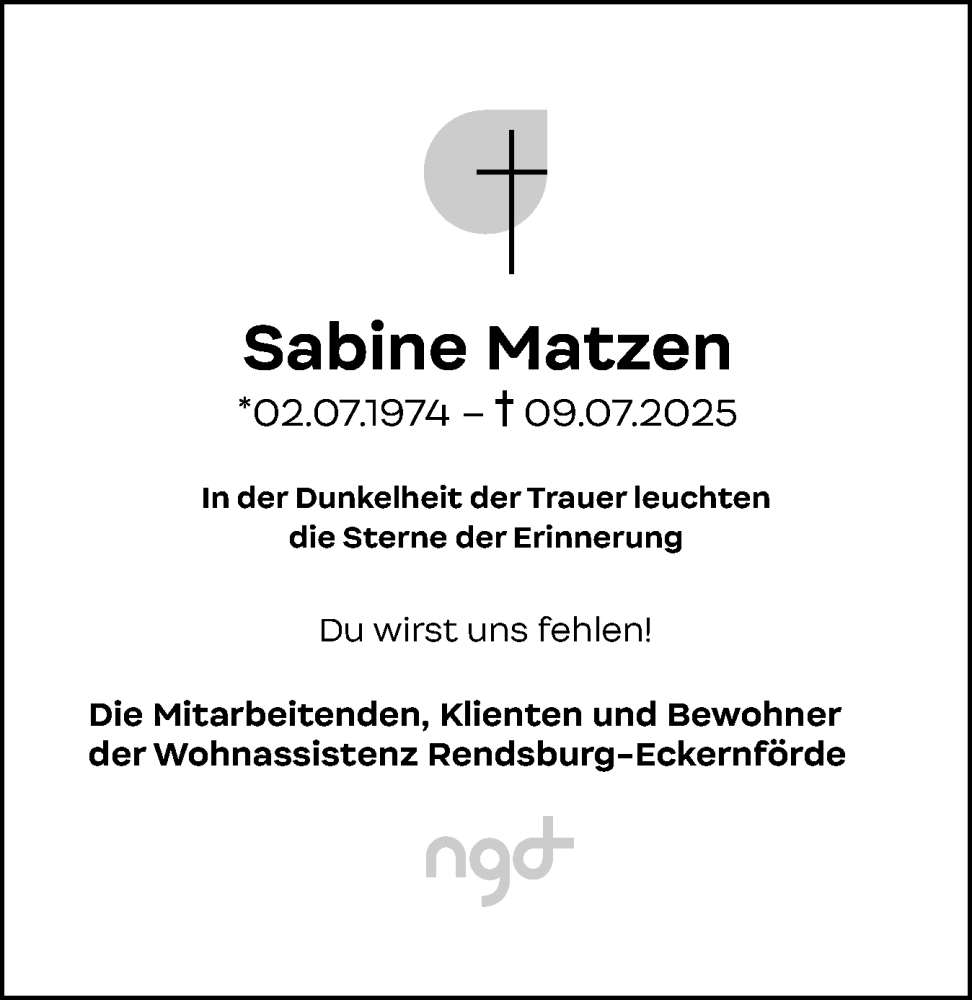  Traueranzeige für Sabine Matzen vom 25.07.2025 aus Eckernförder Zeitung