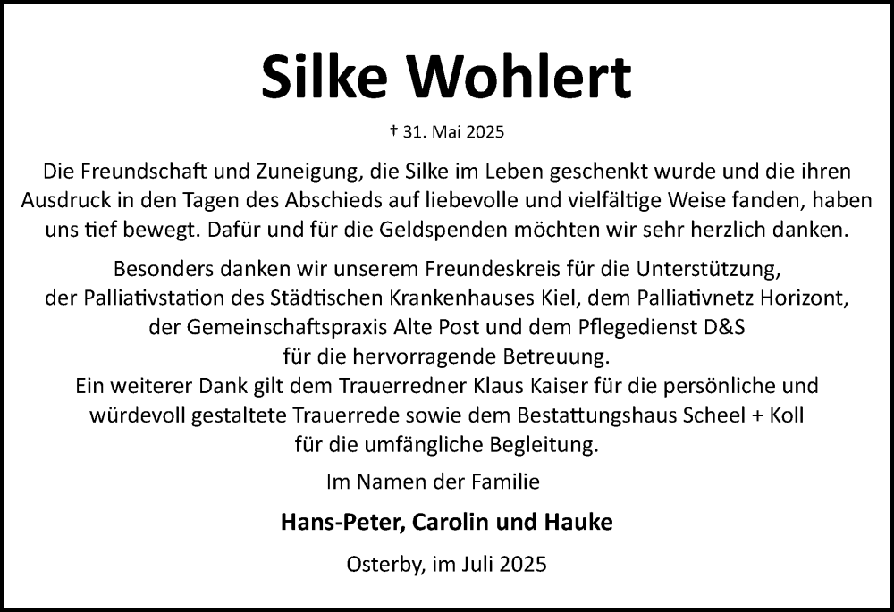  Traueranzeige für Silke Wohlert vom 05.07.2025 aus Eckernförder Zeitung, Hallo Eckernförde