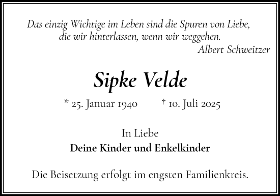 Traueranzeige von Sipke Velde von Norddeutsche Rundschau, Wilstersche Zeitung, Glückstädter Fortuna