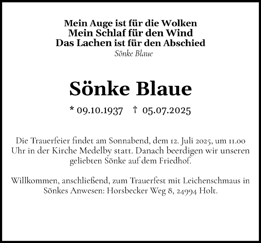  Traueranzeige für Sönke Blaue vom 10.07.2025 aus Flensburger Tageblatt