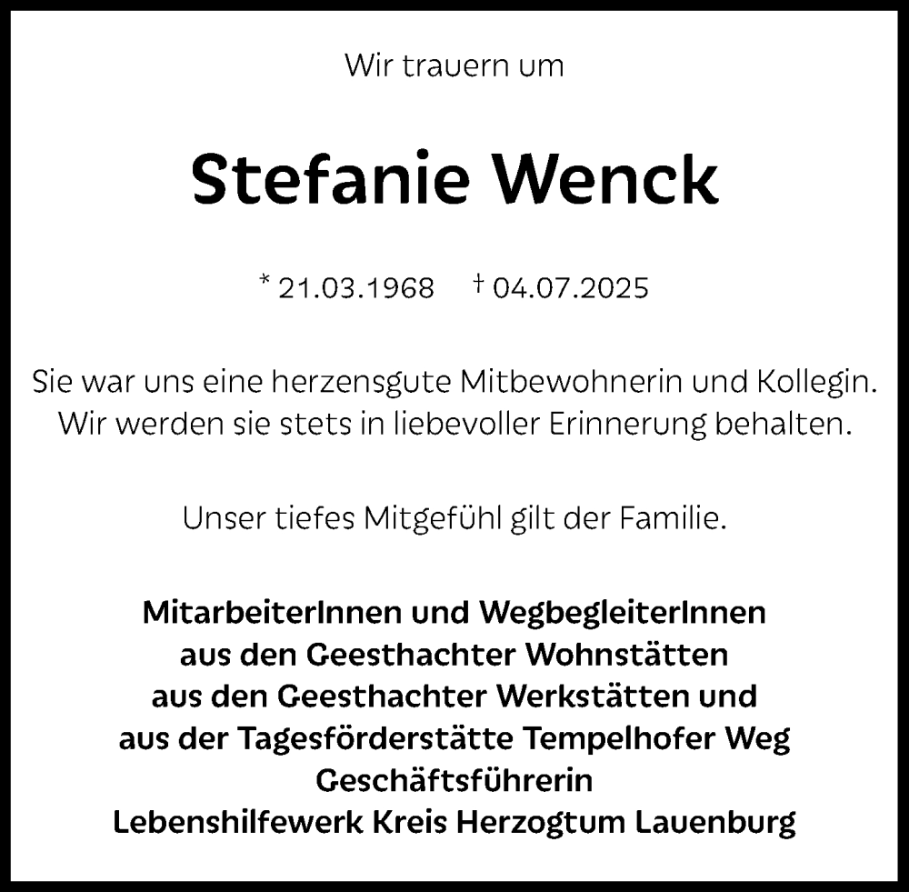  Traueranzeige für Stefanie Wenck vom 19.07.2025 aus Wochenend Anzeiger