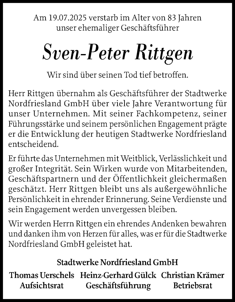  Traueranzeige für Sven-Peter Rittgen vom 26.07.2025 aus Husumer Nachrichten, Nordfriesland Tageblatt