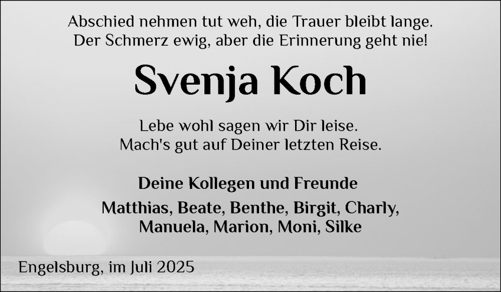  Traueranzeige für Svenja Koch vom 16.07.2025 aus Husumer Nachrichten, Nordfriesland Tageblatt