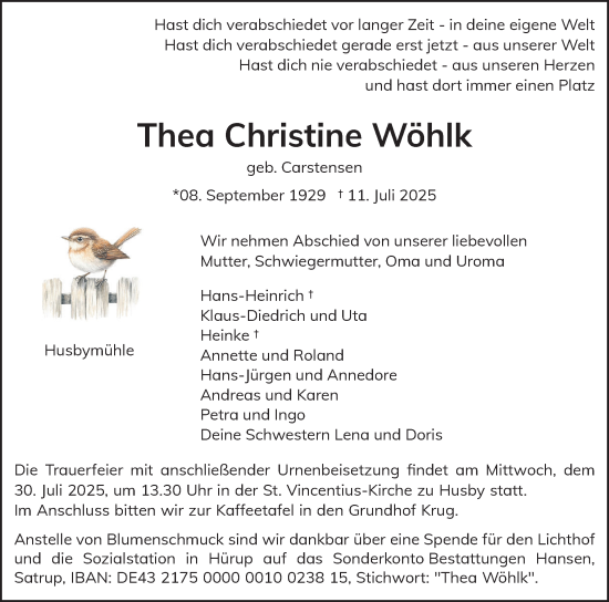 Traueranzeige von Thea Christine Wöhlk von Flensburger Tageblatt
