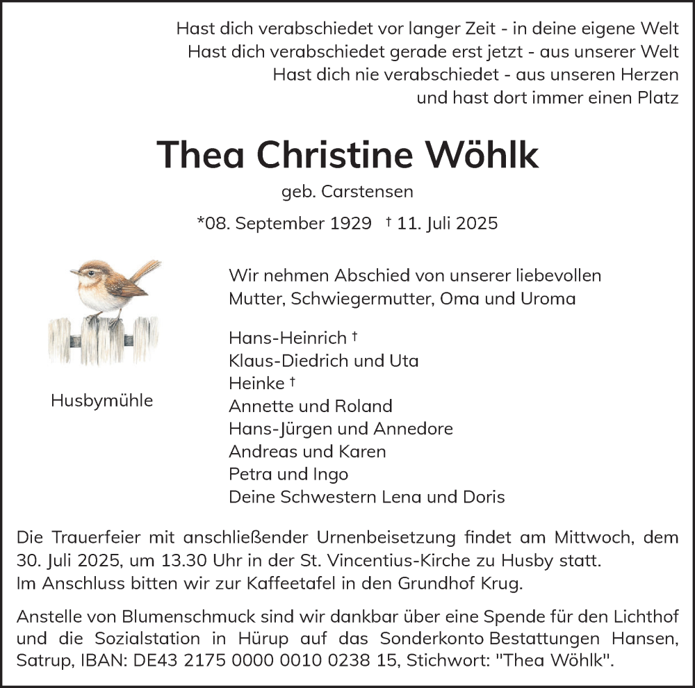  Traueranzeige für Thea Christine Wöhlk vom 19.07.2025 aus Flensburger Tageblatt
