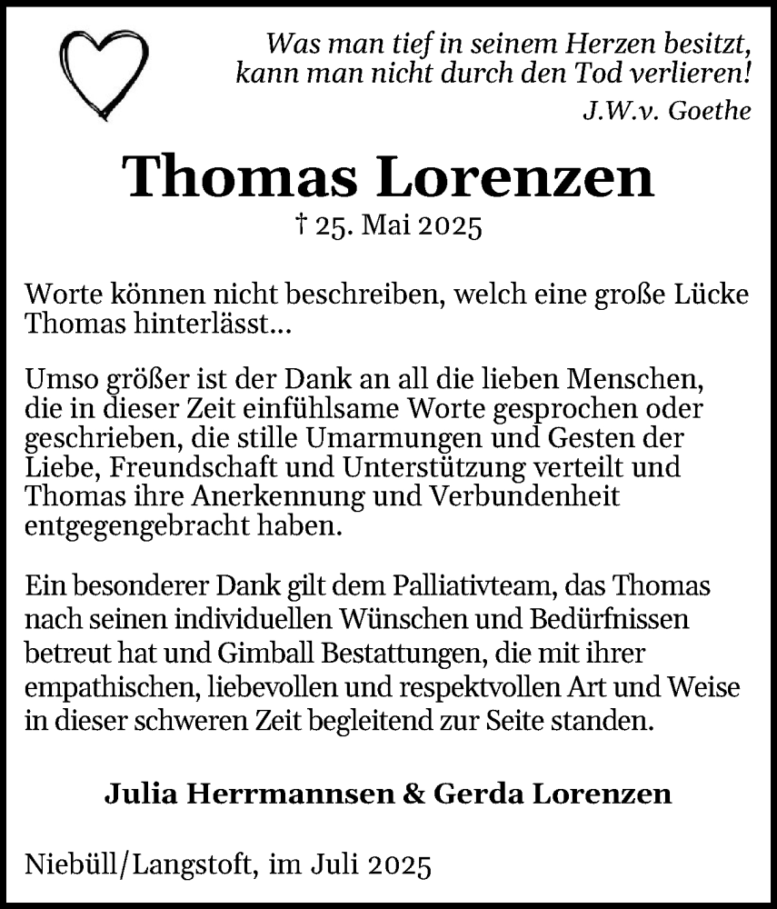  Traueranzeige für Thomas Lorenzen vom 11.07.2025 aus Husumer Nachrichten, Nordfriesland Tageblatt