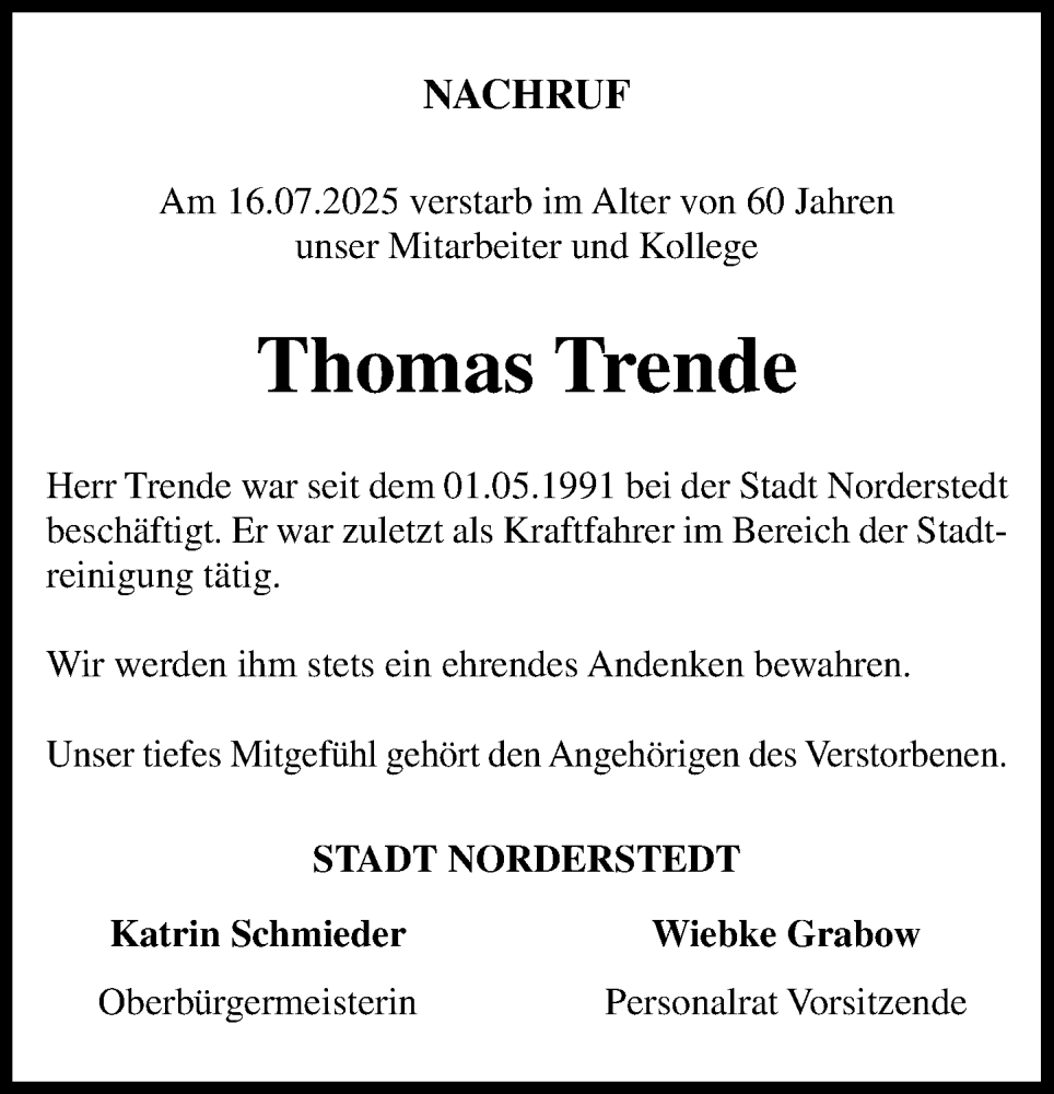  Traueranzeige für Thomas Trende vom 26.07.2025 aus Heimatspiegel