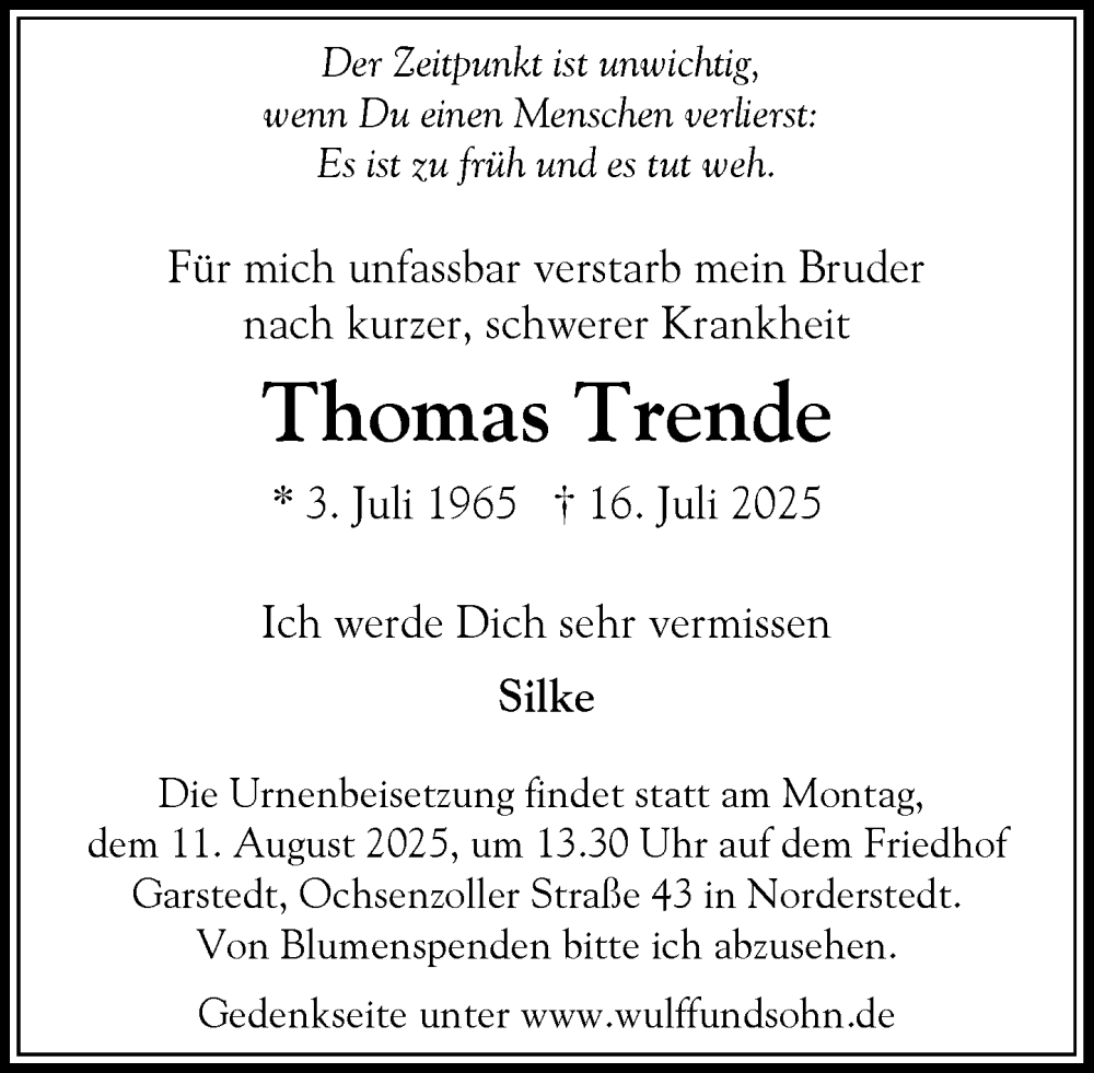  Traueranzeige für Thomas Trende vom 26.07.2025 aus Heimatspiegel