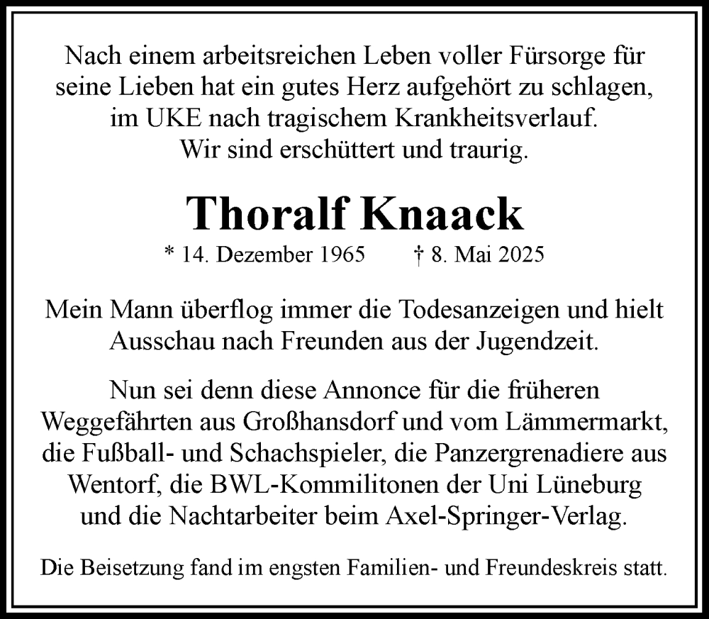  Traueranzeige für Thoralf Knaack vom 12.07.2025 aus MARKT Ahrensburg/Bargteheide/Trittau und Stormarner Tageblatt