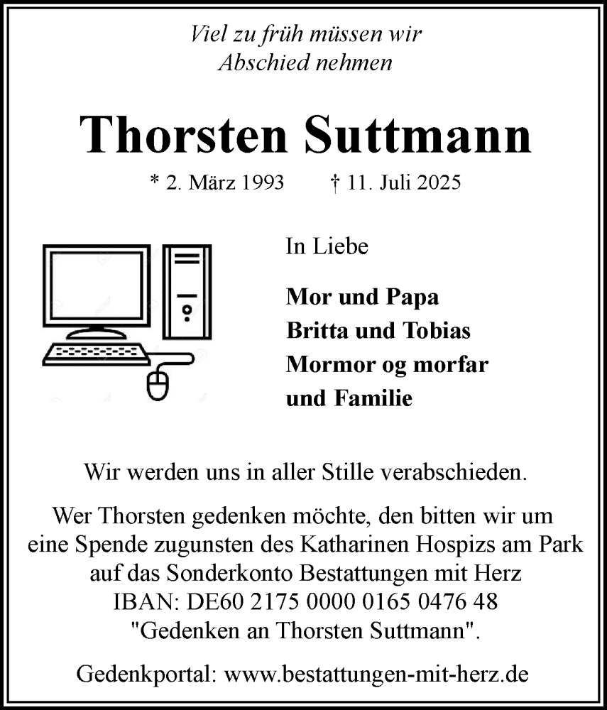  Traueranzeige für Thorsten Suttmann vom 19.07.2025 aus Flensburger Tageblatt