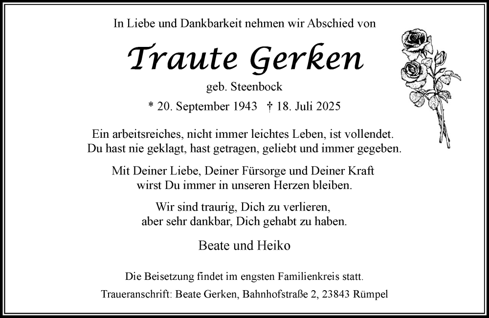  Traueranzeige für Traute Gerken vom 26.07.2025 aus MARKT Bad Oldesloe/Reinfeld, MARKT Ahrensburg/Bargteheide/Trittau und Stormarner Tageblatt