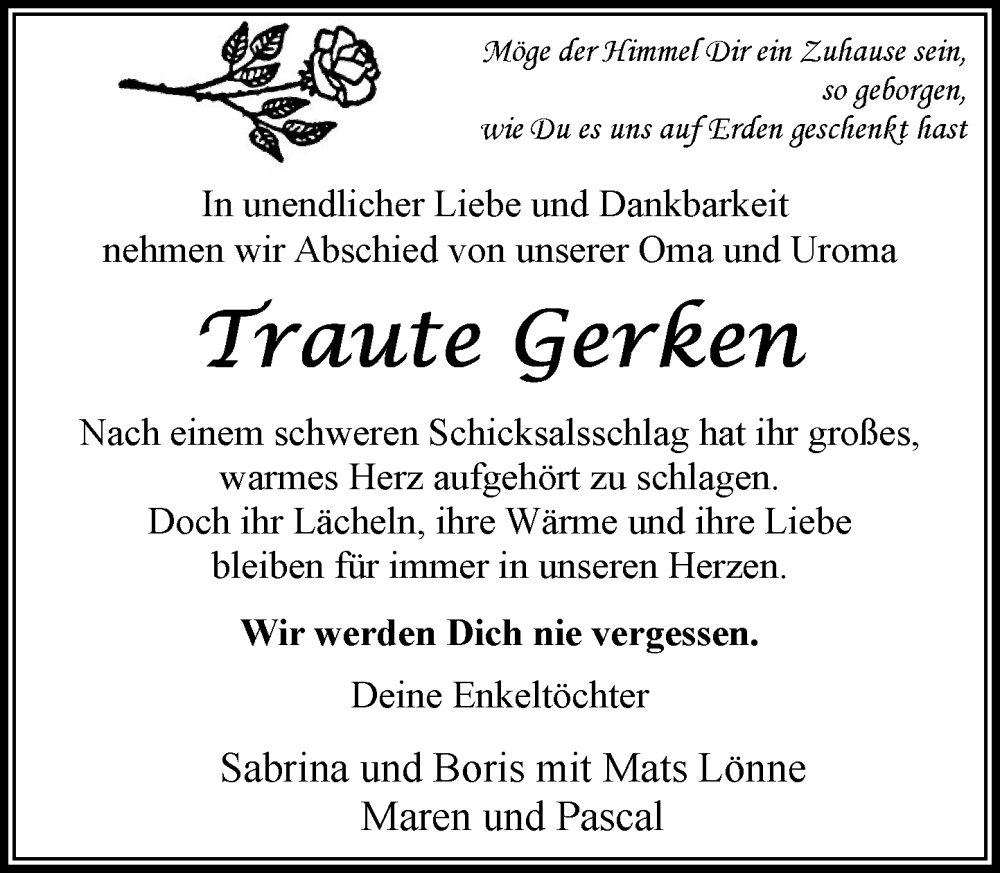  Traueranzeige für Traute Gerken vom 26.07.2025 aus MARKT Bad Oldesloe/Reinfeld, MARKT Ahrensburg/Bargteheide/Trittau und Stormarner Tageblatt