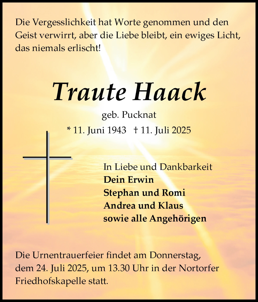  Traueranzeige für Traute Haack vom 19.07.2025 aus Schleswig-Holsteinische Landeszeitung
