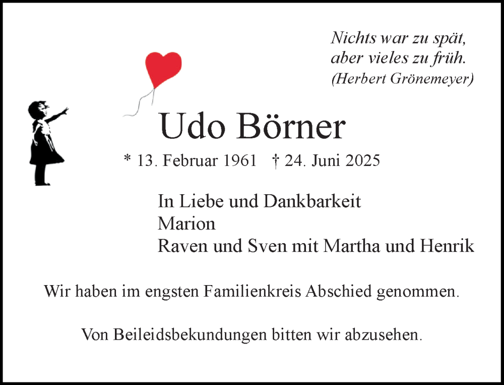 Traueranzeige für Udo Börner vom 26.07.2025 aus MARKT Ratzeburg/Mölln