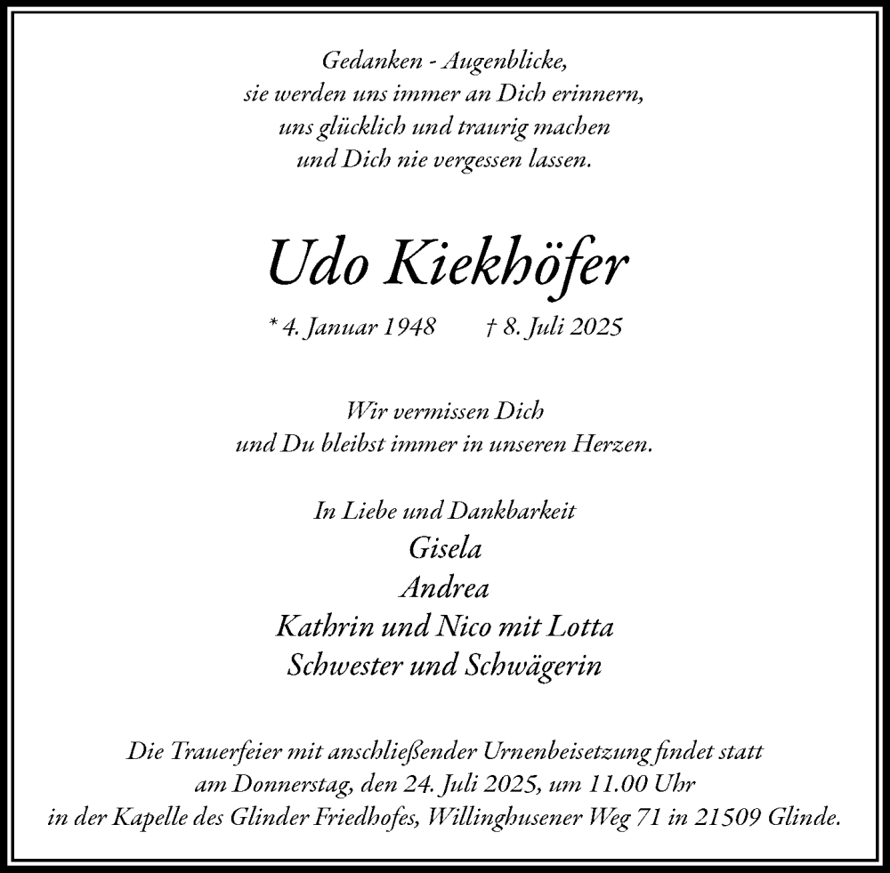  Traueranzeige für Udo Kiekhöfer vom 19.07.2025 aus MARKT Glinde/Reinbek