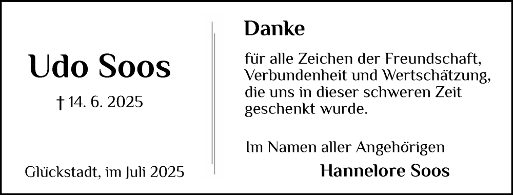 Traueranzeige für Udo Soos vom 19.07.2025 aus Norddeutsche Rundschau, Wilstersche Zeitung, Glückstädter Fortuna