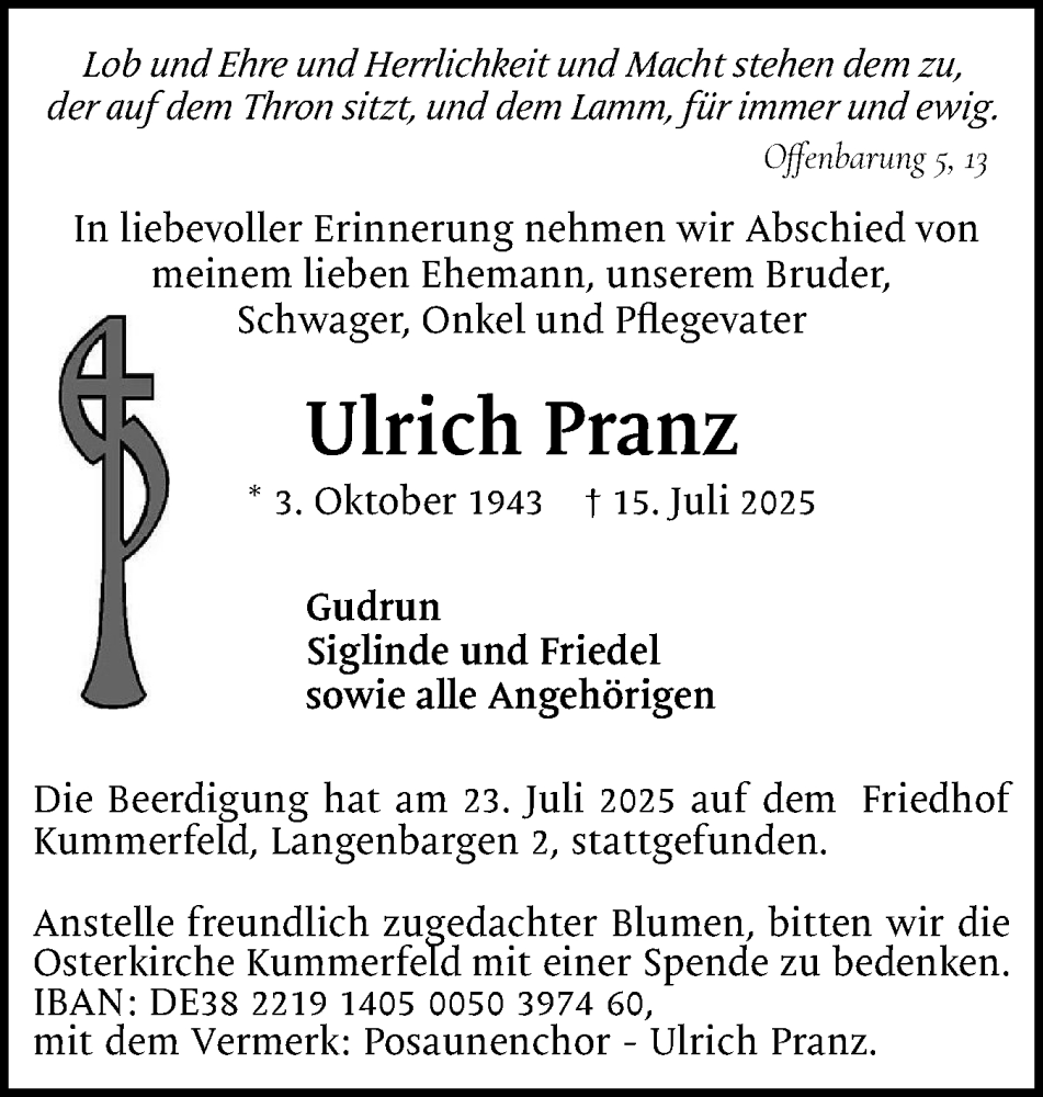  Traueranzeige für Ulrich Pranz vom 26.07.2025 aus tip Gesamtausgabe
