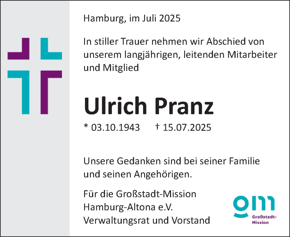  Traueranzeige für Ulrich Pranz vom 22.07.2025 aus A.Beig Südausgabe
