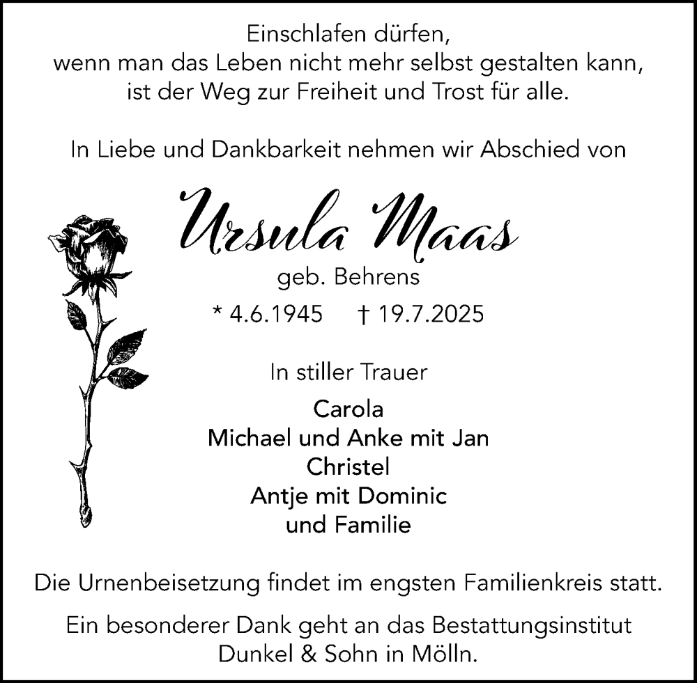  Traueranzeige für Ursula Maas vom 26.07.2025 aus MARKT Ratzeburg/Mölln