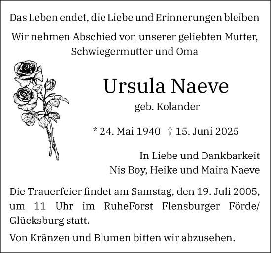 Traueranzeige von Ursula Naeve von Flensburger Tageblatt