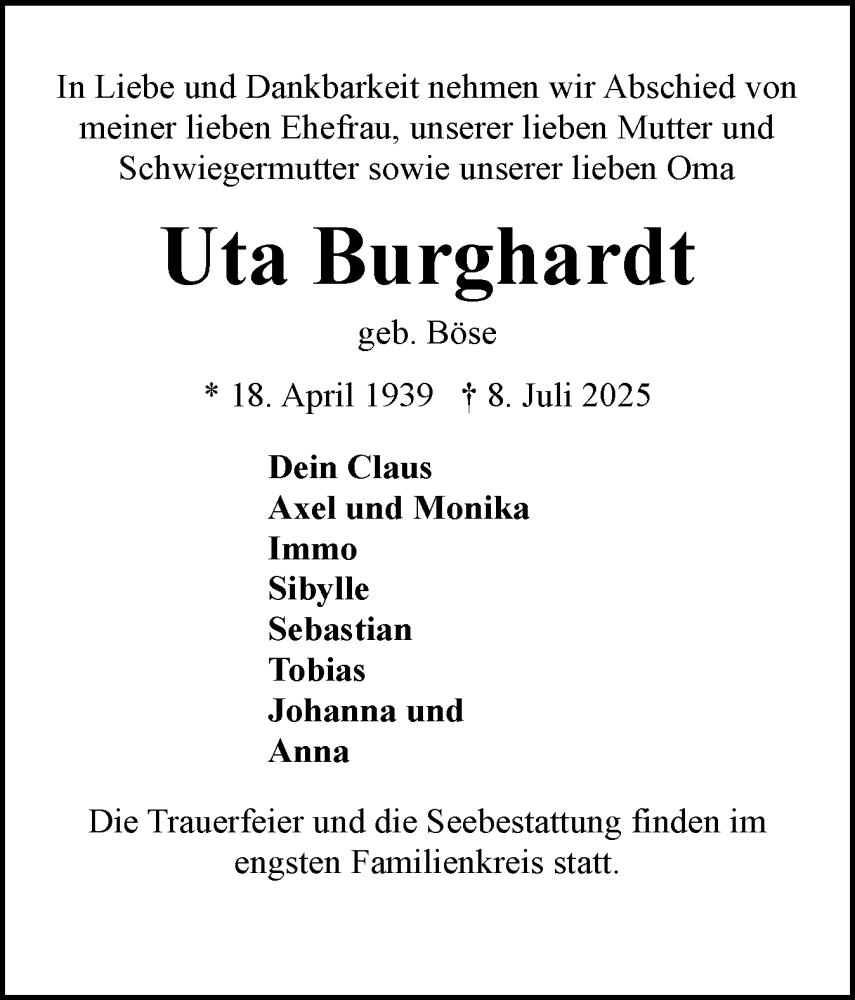  Traueranzeige für Uta Burghardt vom 19.07.2025 aus Eckernförder Zeitung, Hallo Eckernförde