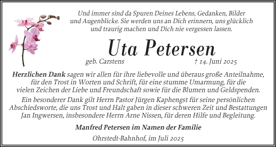 Traueranzeige von Uta Petersen von Husumer Nachrichten, Nordfriesland Tageblatt