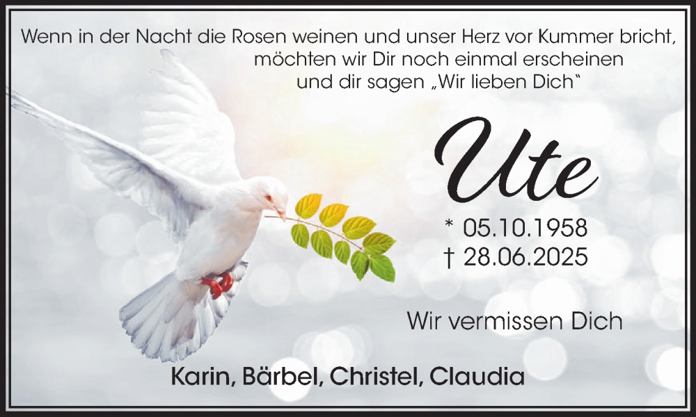  Traueranzeige für Ute  vom 12.07.2025 aus Wochenend Anzeiger
