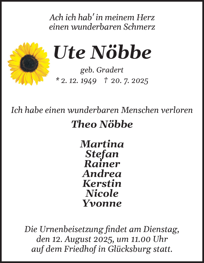  Traueranzeige für Ute Nöbbe vom 26.07.2025 aus Flensburger Tageblatt