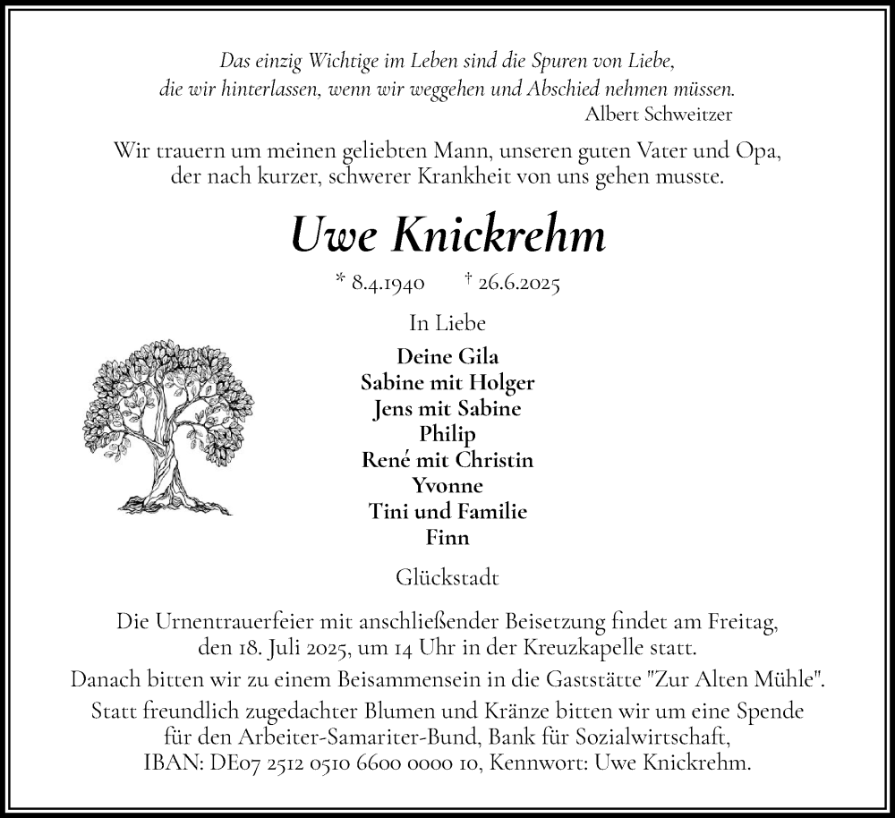  Traueranzeige für Uwe Knickrehm vom 12.07.2025 aus Norddeutsche Rundschau, Wilstersche Zeitung, Glückstädter Fortuna