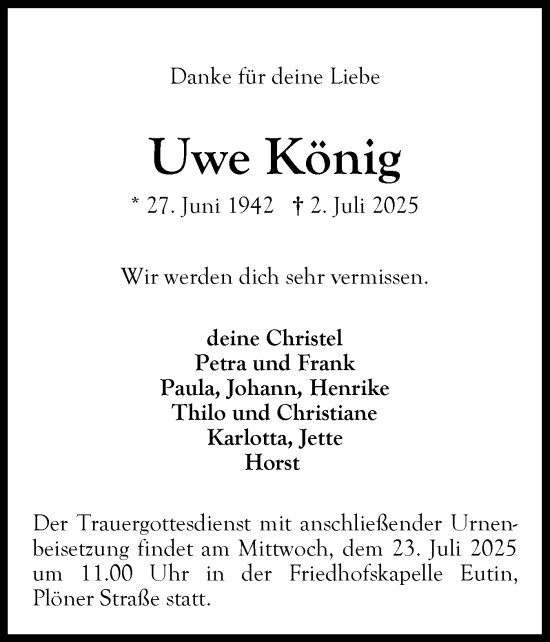 Traueranzeige von Uwe König von Ostholsteiner Anzeiger
