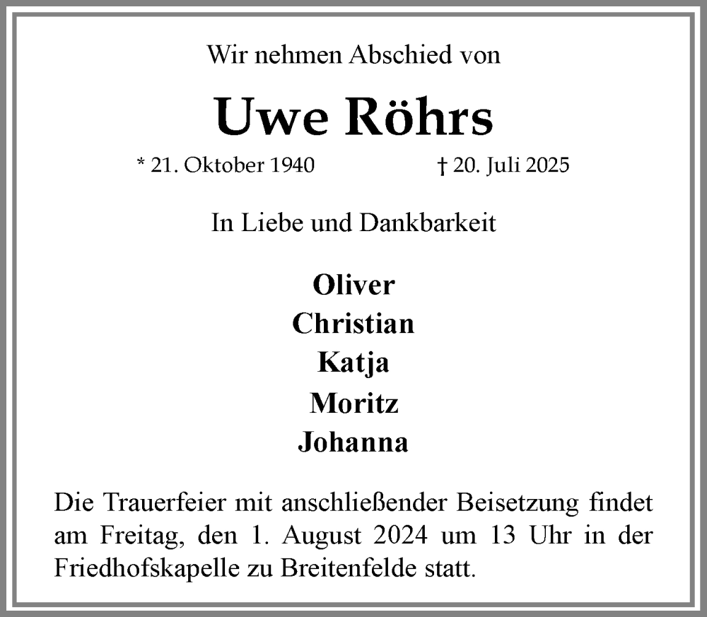  Traueranzeige für Uwe Röhrs vom 26.07.2025 aus MARKT Ratzeburg/Mölln