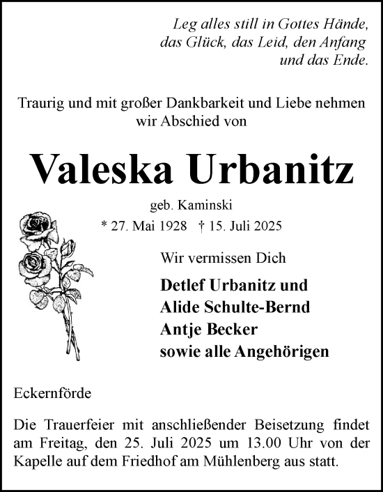 Traueranzeige von Valeska Urbanitz von Eckernförder Zeitung